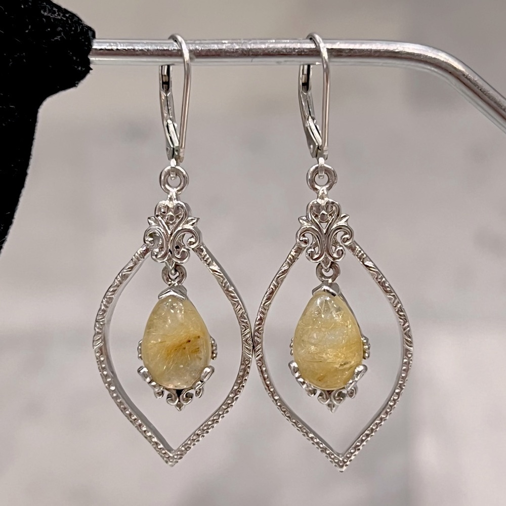 Golden Rutilated Quartz Sterling Silver Lever Back Dangling Earrings